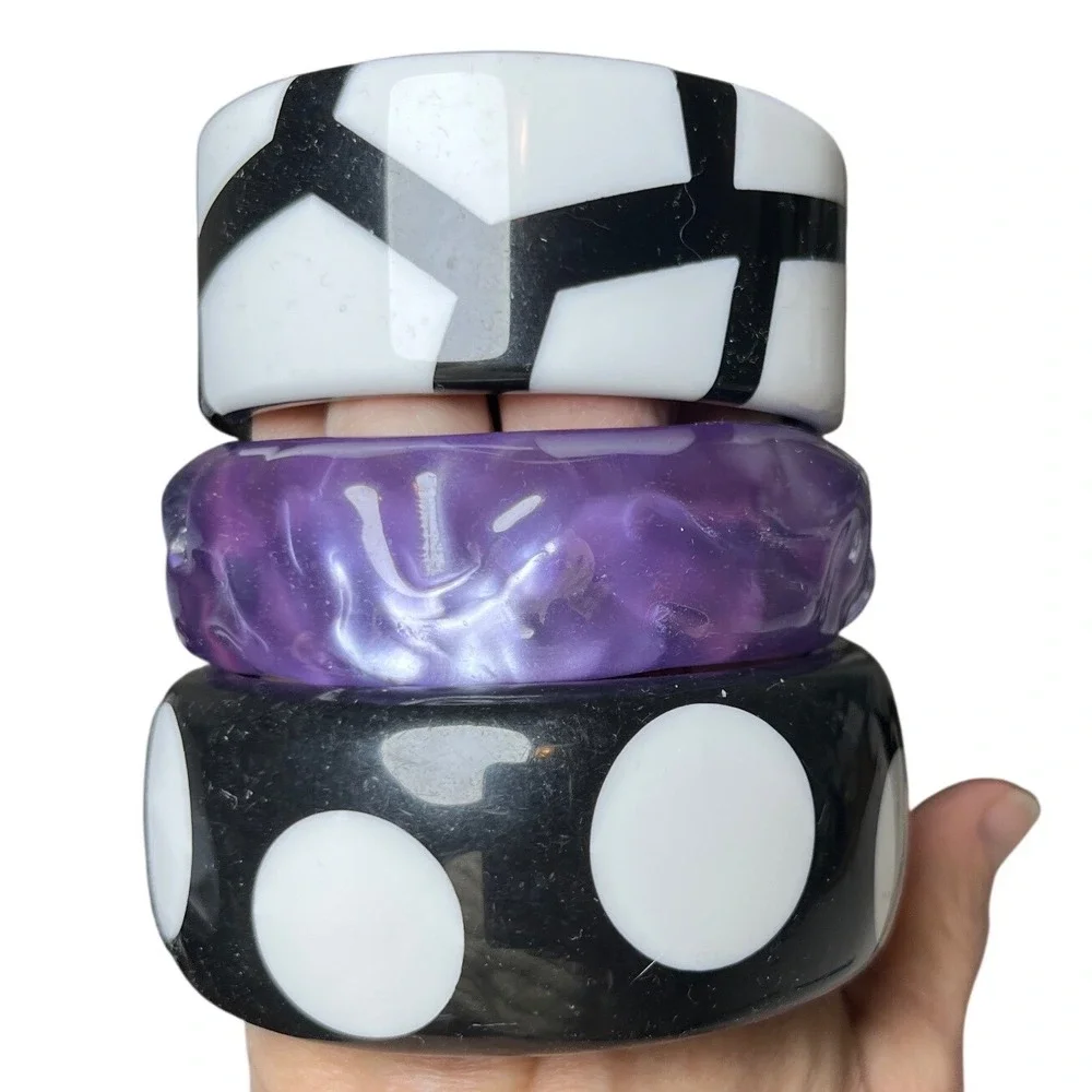 Retro Mod‎ Stackable Resin Bangle Set Polka Dot Geometric Purple Unbranded OS